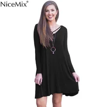 NiceMix 2019 V Neck Sexy Dress Women's Long Sleeve Casual Dress Swing Hem V-Neck Sexy Dresses With Pockets Vestidos NEW Fashion crisscross embroidered sleeve hanky hem swing dress
