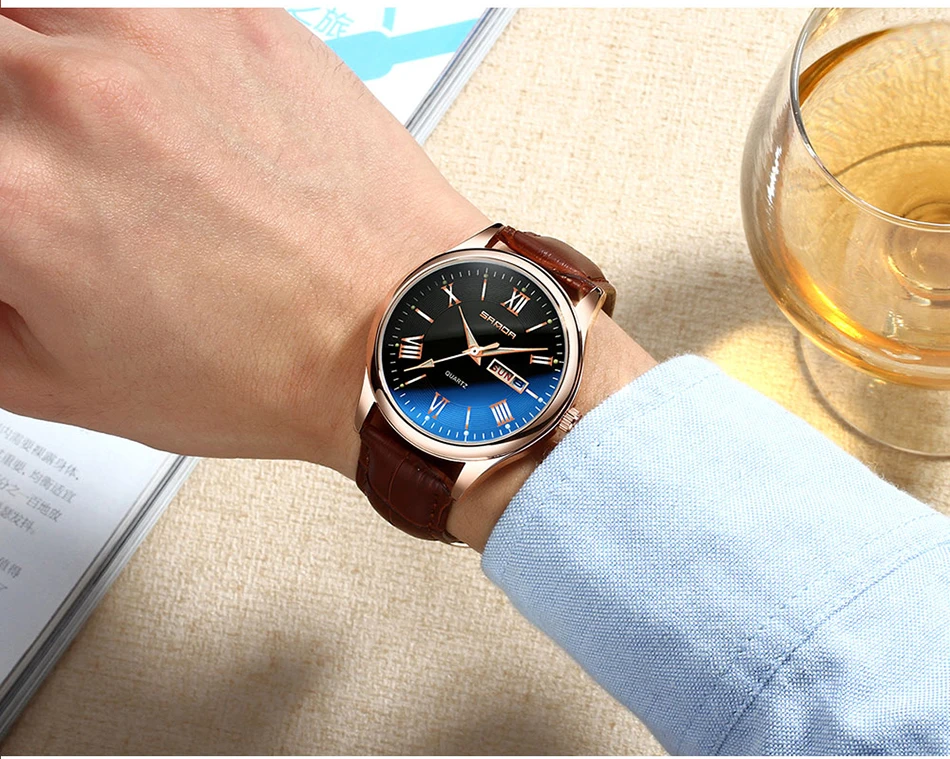 SANDA светящиеся кварцевые часы мужские часы деловые черные кожаные Наручные часы Роскошные мужские часы Geneva Relogio Masculino