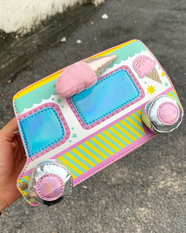 New Cute Cartoon Ice Cream Car Color Stripe Pu Young Girl's Shoulder Bag Handbag Crossbody Mini Bag Women Pouch Totes Bag Flap - Цвет: pink with yellow