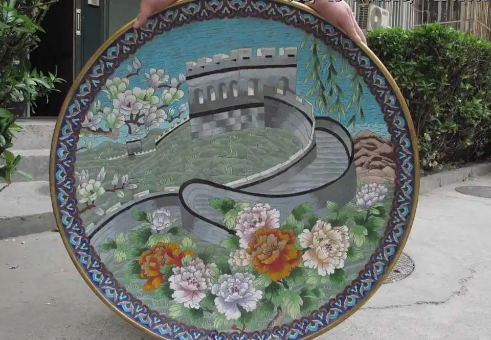 

Chinese Royal Palace Copper cloisonne enamel Great Wall peony flower Plate