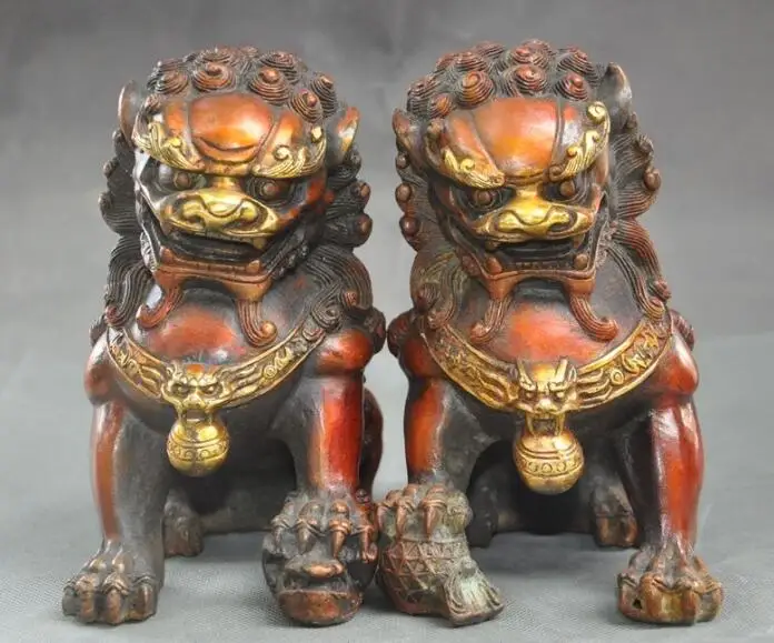 

S03647 Chinese Bronze Gilt Guardian Phylactery Animal Foo Fu Dog Lion beast Statue pair (B0413)