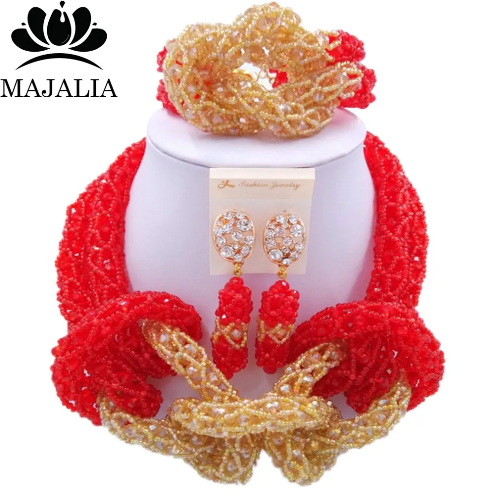 Majalia New Fashion Nigerian Wedding African Jewelery Set Red and Gold ab Crystal Necklace Bridal Jewelry Set 2RF010