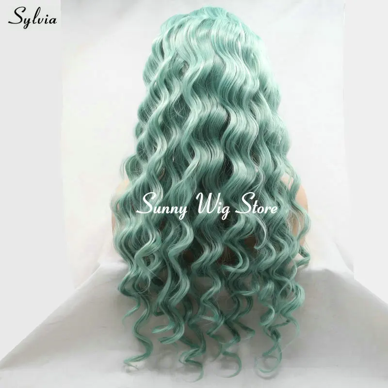 Sylvia Drag Queen Loose Wave Long Hair Pastel Blue Green Mixed Color Synthetic Lace Front Wigs for Women Cosplay Makeup Party