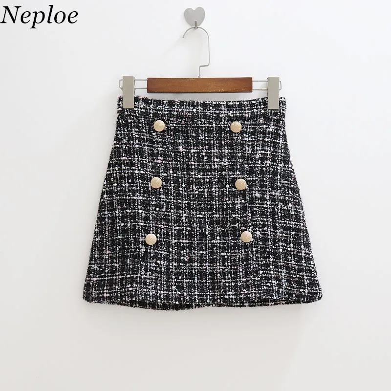 

Neploe Knitted Sequined Patchwork Mini Skirt Button Plaid Hot Women Skirt Autumn New A-Line Slim Korean Fashion Skirt 68499