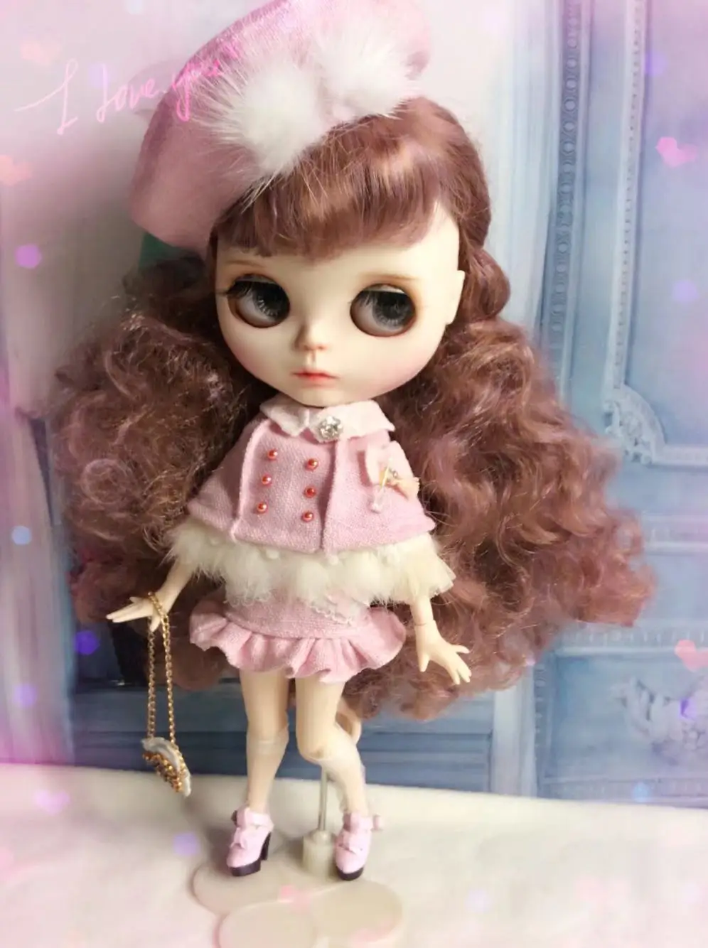 

5PCS/set Dolls Winter clothes Pink Princess Dress + Ladies Tippet +Beret Hat +hand bag+Knee socks for licca 1/6 dolls