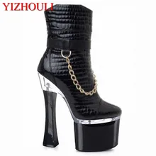 Каблук 7–8 дюймов женские низкие ботинки зимние мотоциклетные ботинки панк вечерняя обувь на высоком каблуке 18–20 см и платформе декорированная золотыми цепями ботильоны