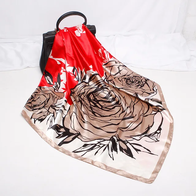Fashion Kerchief Hair Scarf For Women Print Silk Satin Hijab Scarfs 90*90cm Square Neckerchief Headband Scarves For Ladies 2021 W42522
