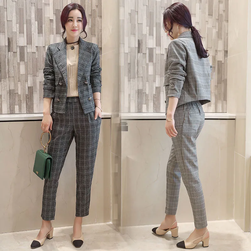 New arrival 2017 fashion office lady dress plaid full suits women ...