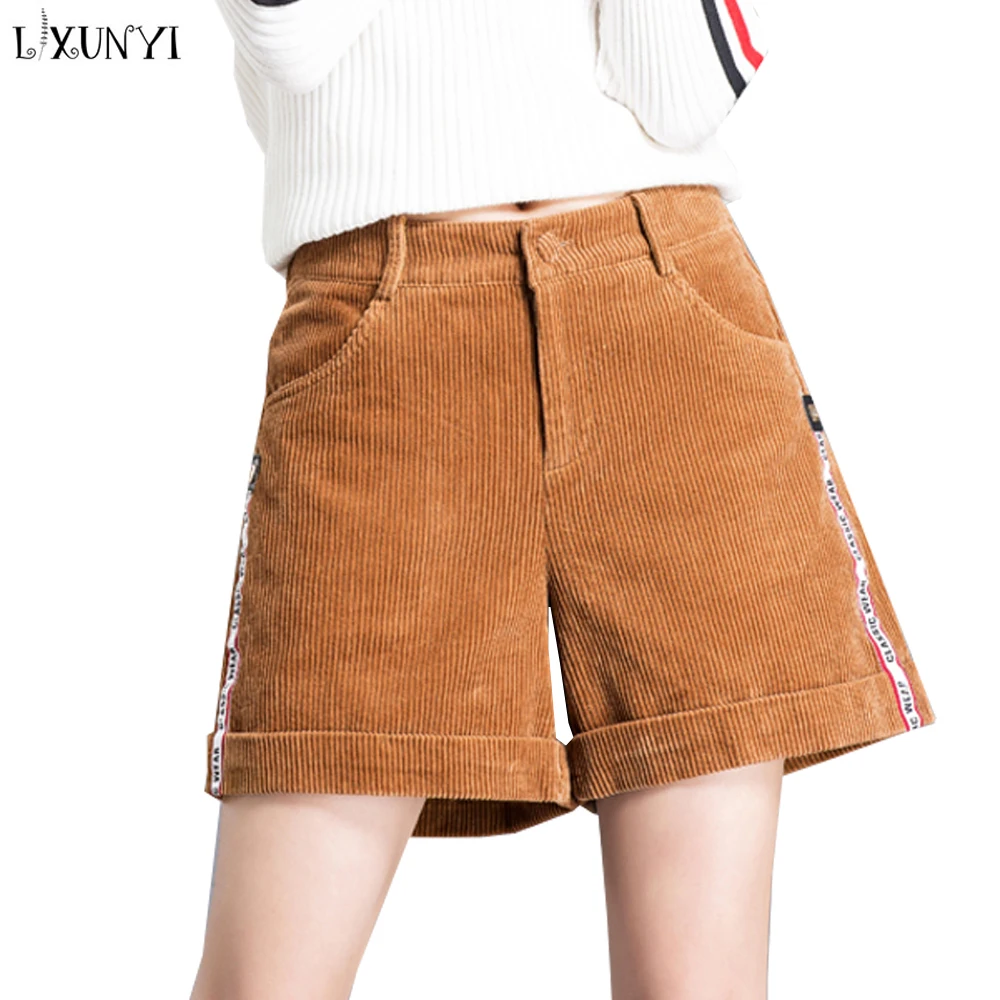 LXUNYI 2019 Autumn Wide Leg Corduroy Shorts Women Side Striped Button