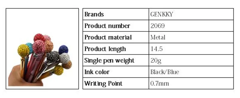1 шт GENKKY хорошее качество 1 шт шариковая ручка круглые цветные бриллианты металлический материал красивая ручка 0,7 мм канцелярский подарок для студента
