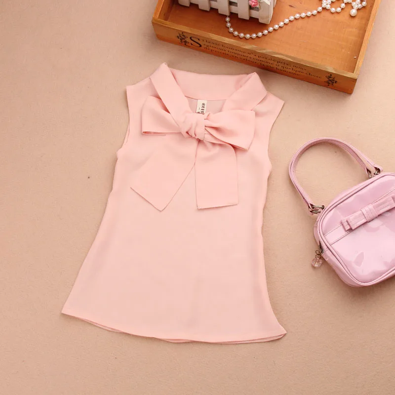 Весна-лето г., Детские рубашки для девочек шифоновая блузка без рукавов однотонная одежда с бантом для девочек-подростков, рубашки, размеры от 10 до 12 - Цвет: Розовый