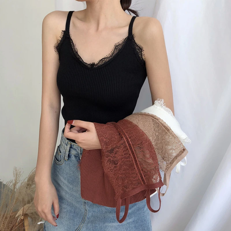 

2019 Summer Women Tank Tops Casual sexy slim Camis Sleeveless Vest Sexy Deep V-Neck Party lace crop top Solid Camisole Femme