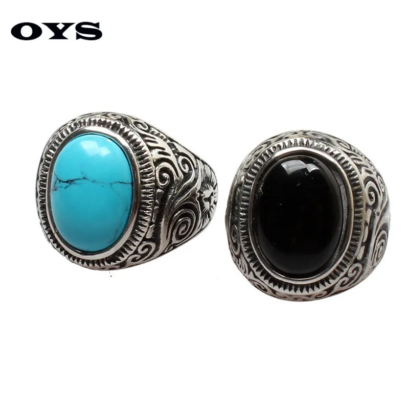 New Arrival Blue Stone Fashion 316L Titanium Steel Ring Exquisite Retro Brilliant Turquoise Mens Rings Size 7-14
