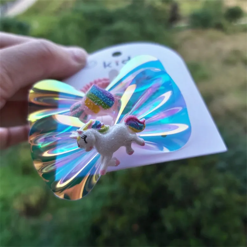 

10set/lot Fashion Cute Glitter Gradient Bow Hair Rope Glossy Laser Unicorn Hairbands Princess Headwear Boutique Hair Accessories