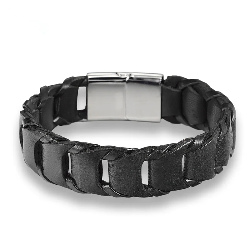 

Punk Vintage Cowhide Weave Rope Chain For Men Wristband Genuine Leather Bracelet Stainless Steel Magnetic Clasp Fashion Bangles