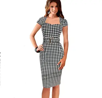 

Female short-sleeved OL Work Dress knee-length Plaid Office Square Neck Dress Elegant Ladies Dress Lattice Belt Decoration