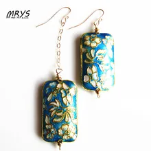  font b Blue b font Rectangle Flower Ethnic Cloisonne Enamel Fashion Jewelry Asymmetric Dangle Drop