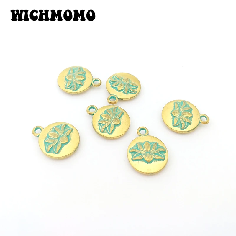 15pcs/bag 8*12MM Round Retro Patina Plated Zinc Alloy Green Lotus Charms Flowers Pendants For DIY Jewelry Accessories | Украшения и