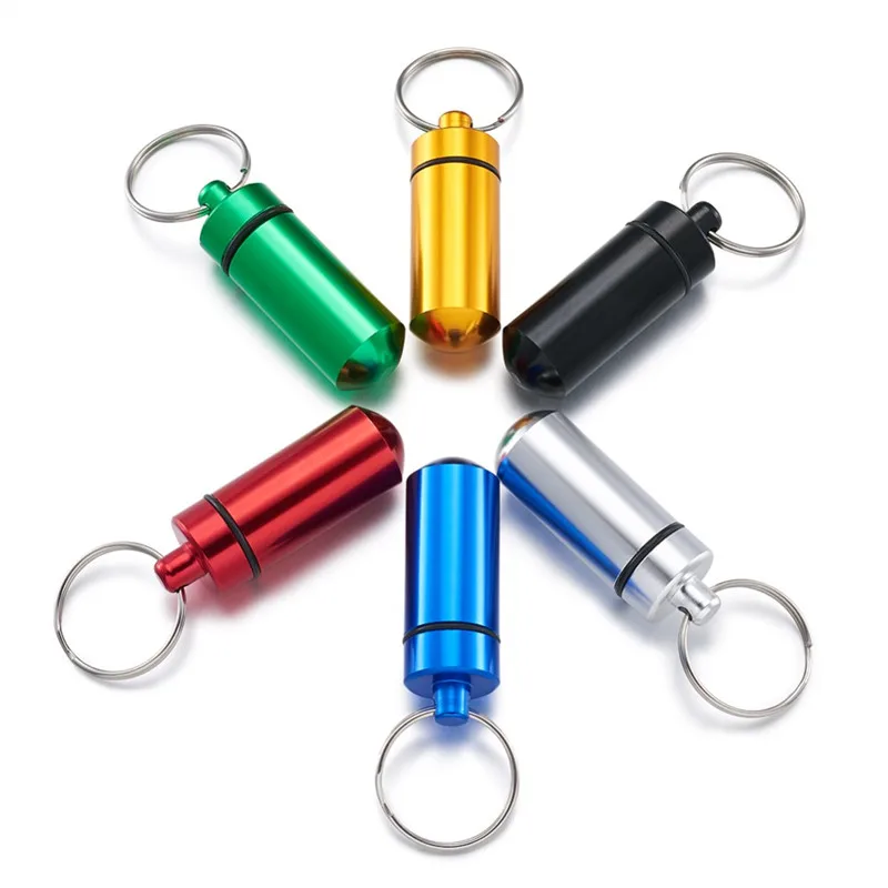 

1pc 24.5mm Iron Health Care Key Ring Keychain with 50.5x17mm Outdoor Portable Aluminium Alloy Small Pill Case Holder Box Bottle