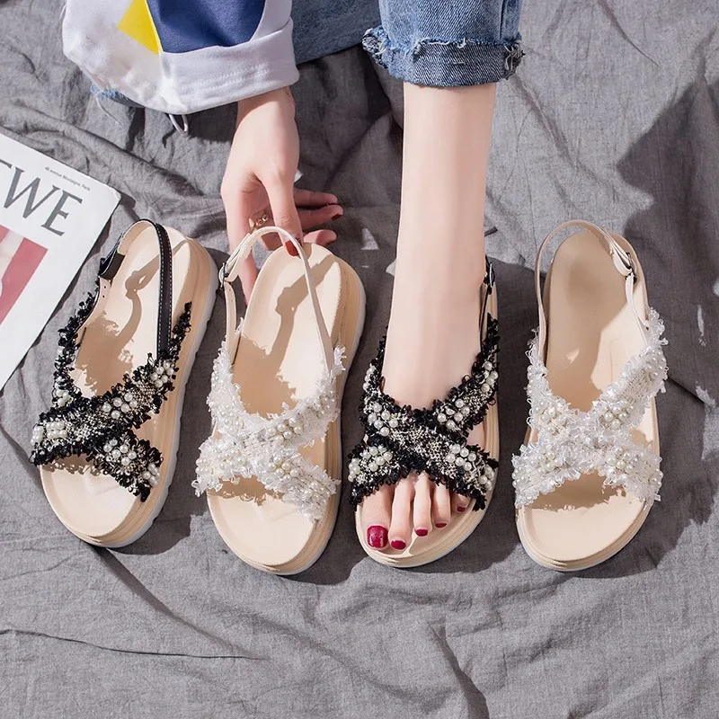

Women Sandals Gladiator Open Toe Buckle Chunky Insoles Sandals Female Casual Summer Flat Platform Sandalias Pearl Beach Shoes