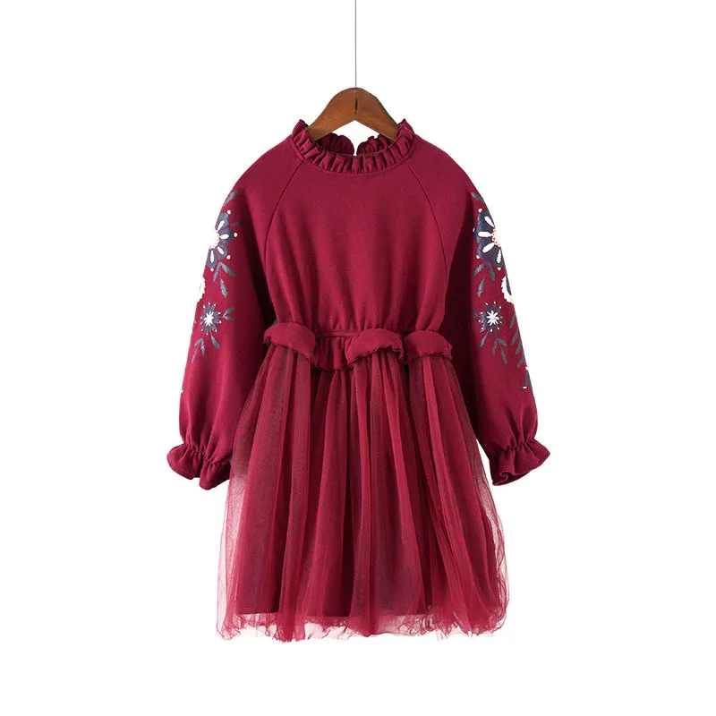 Детское осенне-зимнее качественное платье с длинными рукавами красного/розового цвета с цветочным принтом повседневное модное платье-пачка для девочек от 3 до 12 лет - Цвет: Красный