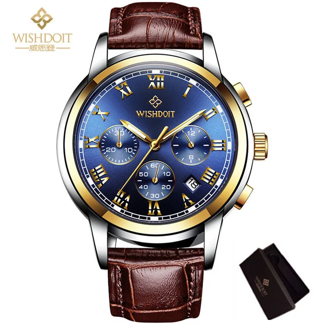 WISHDOIT Лидирующий бренд мужские часы из нержавеющей стали мужские модные бизнес Кварцевые XFCS мужские наручные часы Relogio Masculino часы - Цвет: Leather gold blue