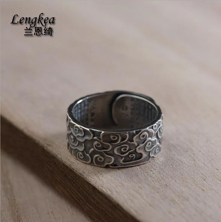 

Lengkea jewery Real 990 sterling silver ring Retro Lucky cloud Heart Sutra opening ring men rings women jewelry charms trinket