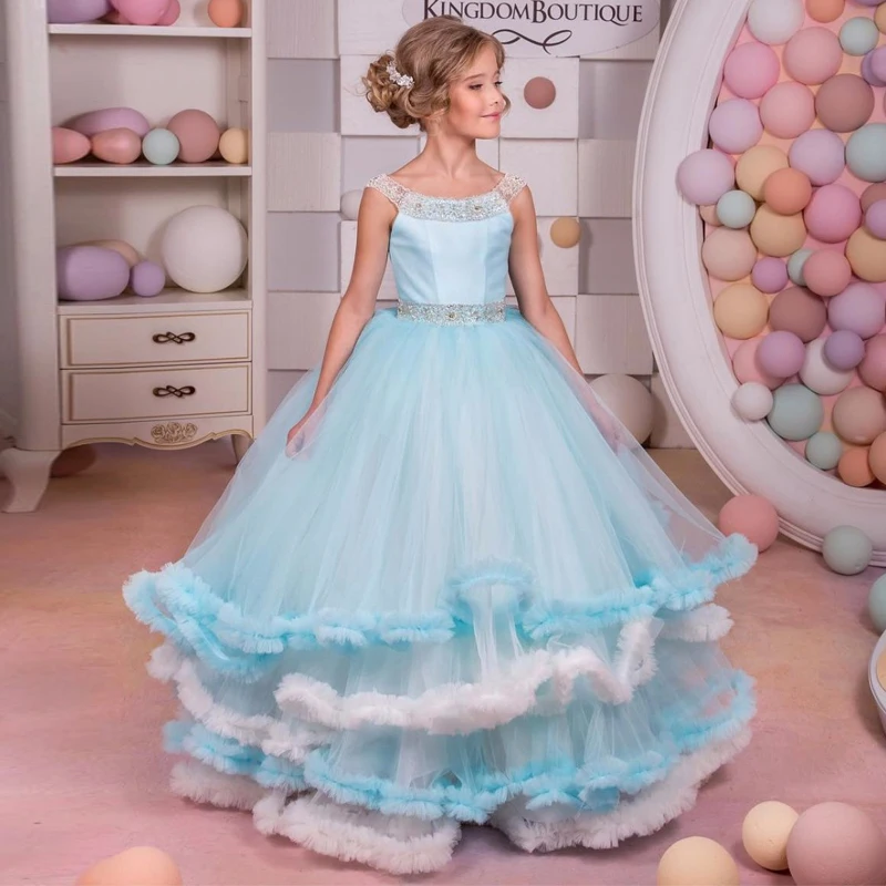 Sky Blue White Puffy Flower Girls Dresses For Weddings Crystals