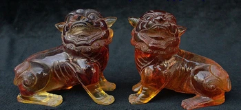 

4" China Amber Carved Feng shui Pixiu Brave troops Unicorn God Beast Statue Pair