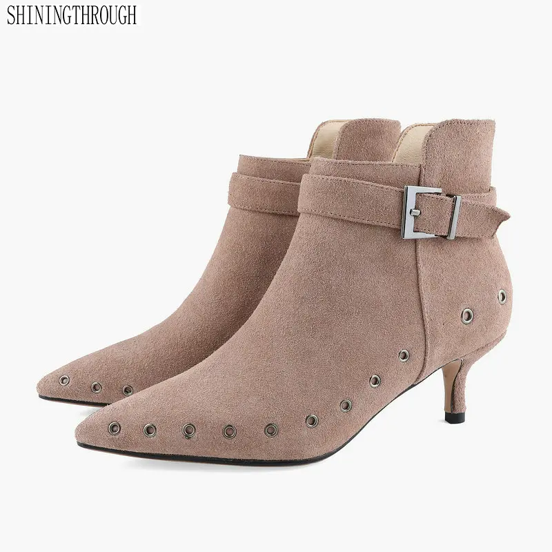 

New Women Ankle Boots Pointed Toe Genuine Leather High Heels Shoes Sweet buckle Autumn Winter Warm Shoes Woman