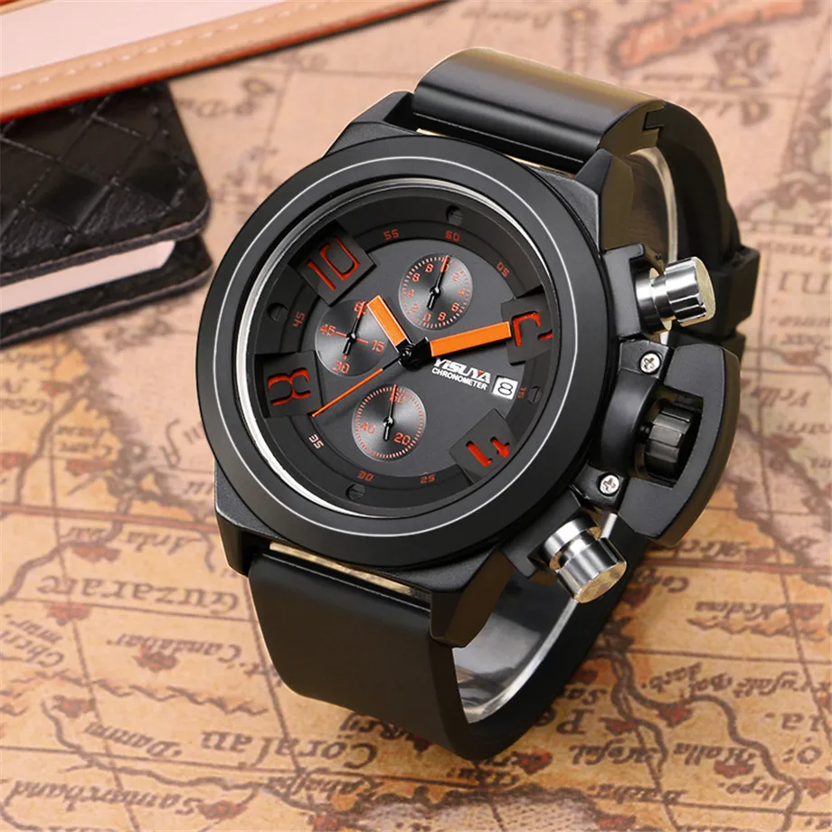 YISUYA Men Wristwatches Pilot Style Japan Quartz Watch Date Day Six Hands Silicone Band  Chronograph Aviator Boy birthday Gift (3)
