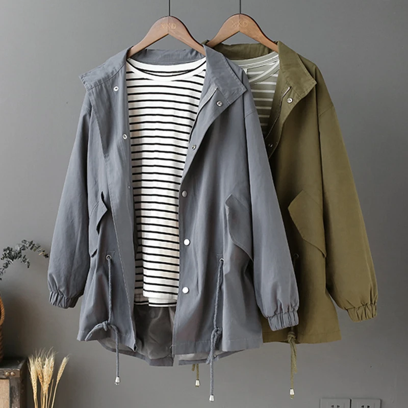 

2018 Korean Autumn Solid Loose Safari Casual Coats Long Sleeve Classic Stand Collar Drawstring Basic Jackets Pockets