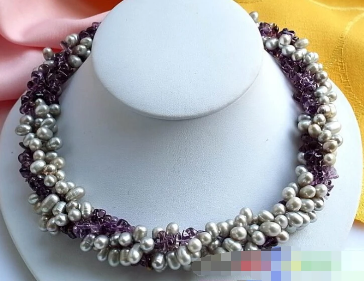 

huij 003684 4ROW 17" RICE GRAY FRESHWATER PEARL AMETHYST NECKLACE