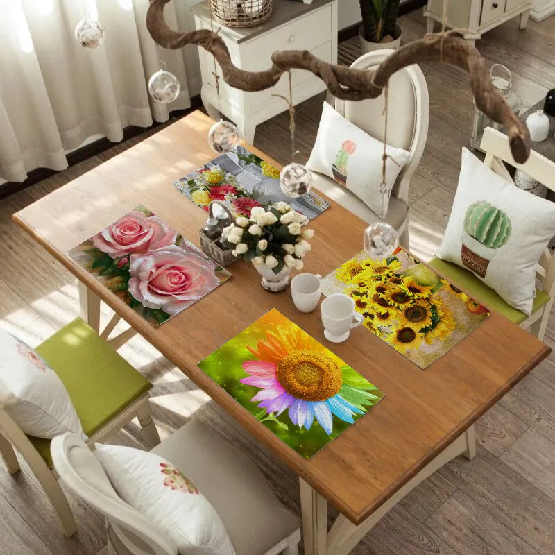 

1Pcs Flower Pattern Placemat Dining Table Mat Drink Coaster Cotton Linen Pads Bowl Cup Mats Kitchen Accessories Drink Coasters