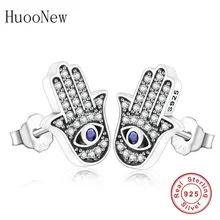 Серьги-гвоздики из стерлингового серебра 925 пробы Fatima Hand Palm Evil Eye с Синим Прозрачным цирконием и кристаллами ForFemme Brincos модные Oorbellen