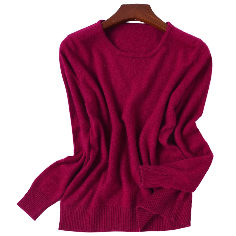 Casual Mink Cashmere Sweater Pullover Red Womens Long Sleeve O-neck Sweaters Autumn Winter Knitted Top 2018 Warm Jumper Knitwear | Женская