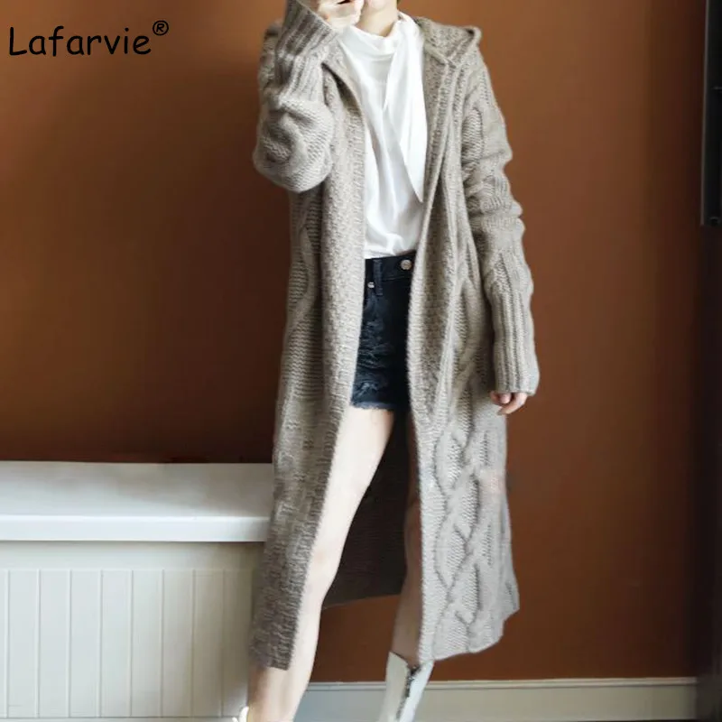 Lafarvie Thick Cashmere Blended Knitted Sweater Cardigan Women Coat Autumn Winter Hooded Collar Plaid Long Coat Knitting Outwear