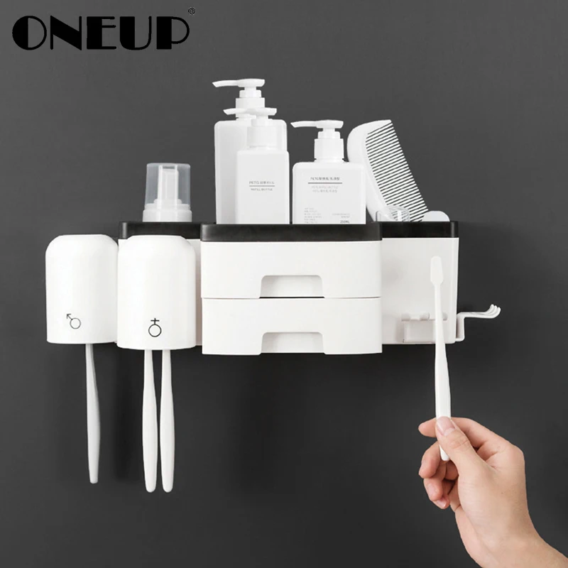 

ONEUP Toothbrush Holder Wall-mounted Bathroom Cup Shelf Double Storage Household Items Punch Free Bathroom Accessories Sets