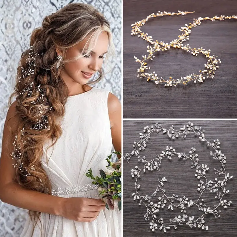 Wedding Hair Vine Bridal Accessories Crystal Pearl Headband Long Chain