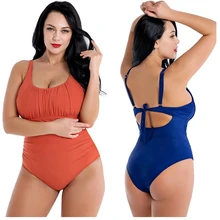 Женский купальник большого размера, цельный сексуальный купальный костюм с пуш-ап, Одноцветный Монокини, женские пляжные купальные костюмы...(China)