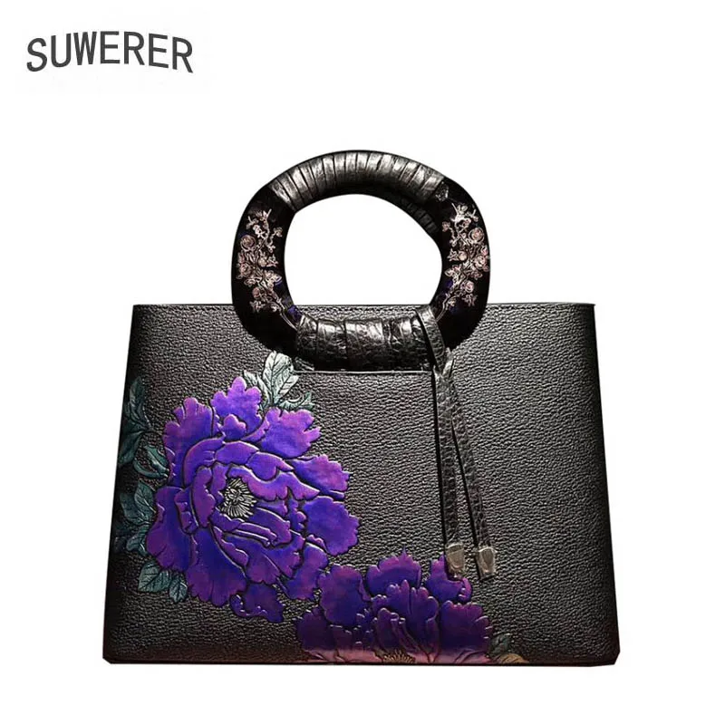 

SUWERER 2019 New women genuine leather bag fashion Embossing flower Luxury top cowhide handbags women genuine leather handbags