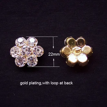 

(S0185) 10pcs/lot, 21mm rhinestone button, gold plating, with loop at back,all clear crystals