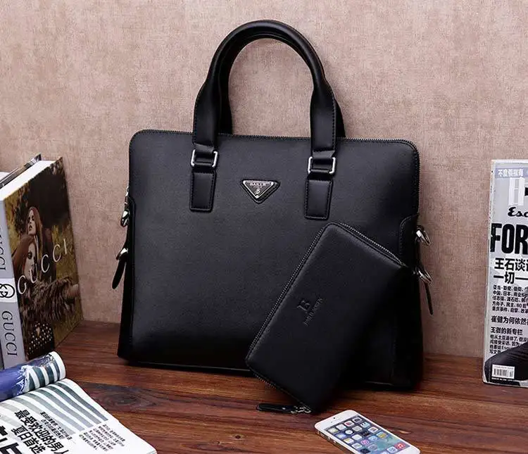 BAILLR брендовая сумка, мужской портфель, высокое качество, мужские деловые сумки, два цвета, мягкие, на ощупь, мужские сумки для ноутбука с кошельком - Цвет: black with purse