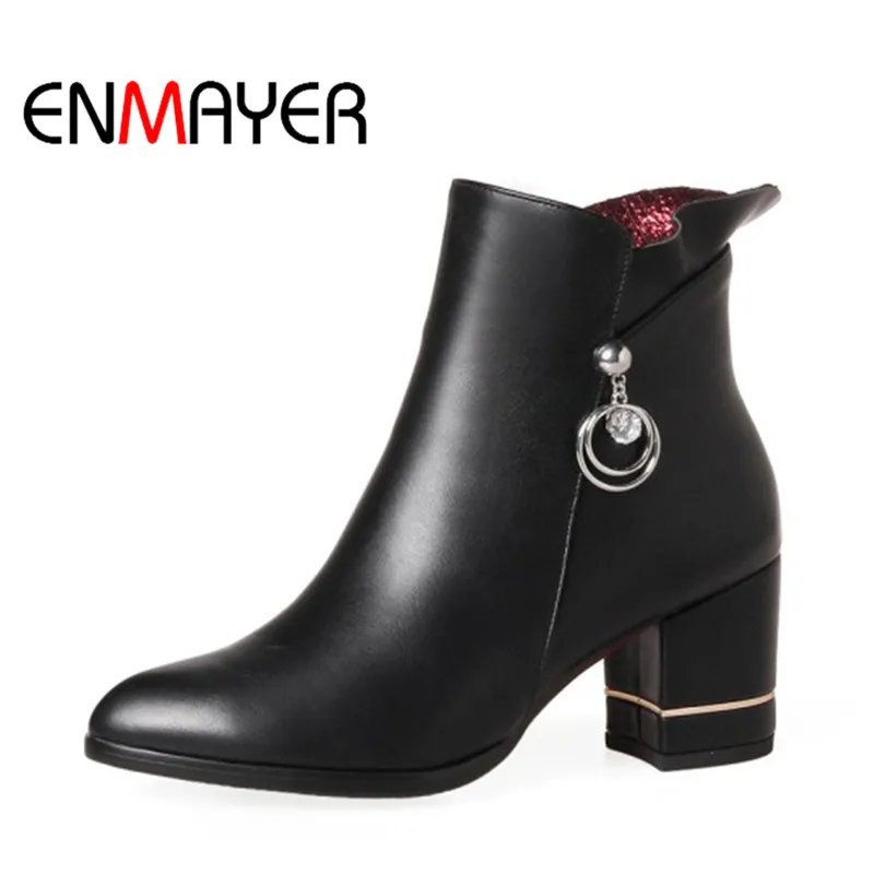 

ENMAYER Winter Ankle Boots Fashion Pointed Toe Thick Heel Women Boots High Heel Lady Boots Sexy Martin Boots Large Size 34-43