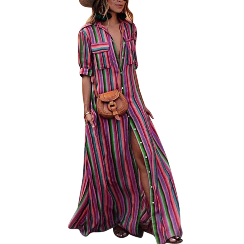 Большие размеры новый летний полосатый длинное платье с принтом для девочек Женская Повседневная свободную рубашку печати вечернее
