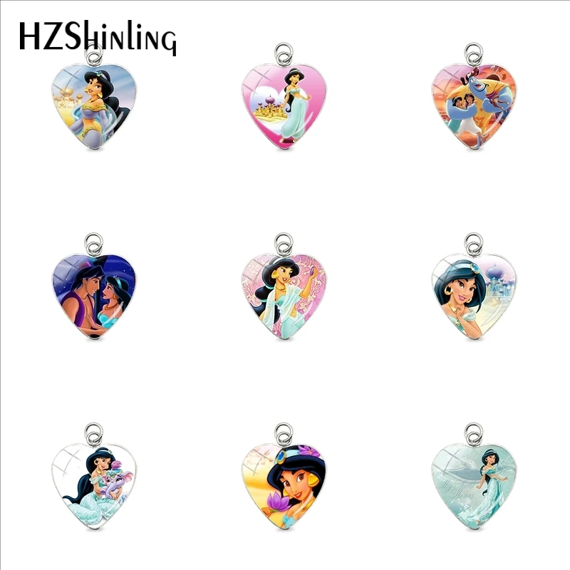 

2019 New Arrival Sweet Beauty Jasmine Princess Print Heart Stainless Steel Pendants Heart Jewelry Charms Gifts for Kids