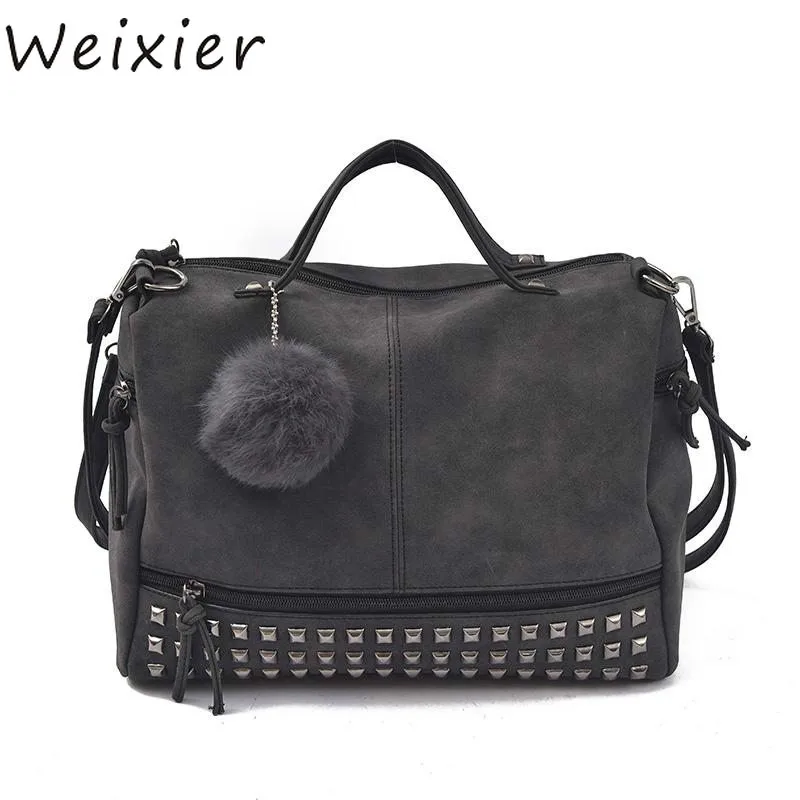 

Vintage Nubuck Leather Female Top-handle Bags Rivet Larger Women Bags Hair Ball Shoulder Bag Motorcycle Messenger Bag NA-02