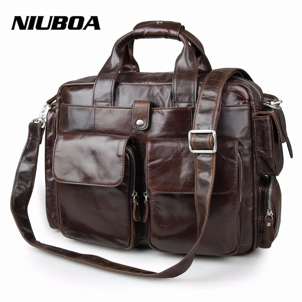 

NIUBOA 100% Genuine Leather Briefcases Vintage Men Shoulder Bag Cowhide Leather Travel Messenger Bag Many Pockets Man Laptop Bag