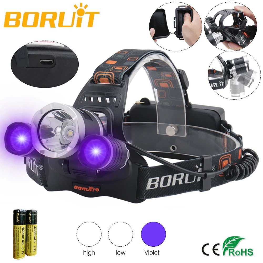 cheap BORUIT 6000LM 3x XML T6 White+2R2 395nm Purple UV LED Headlamp Head lamp Head Torch Light 2*Rechargeable 18650 batteries Fishing