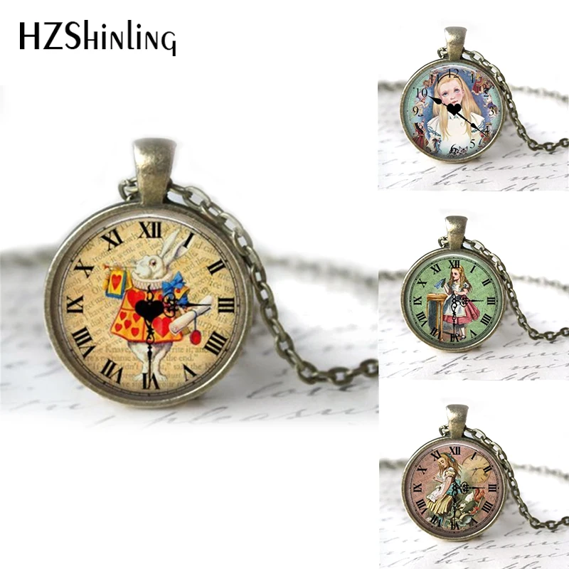 

HZShinling Alice in Wonderland Necklace Handmade Pendant Girls Glass Cabochon Necklace Art Glass Cabochon Necklace for Women HZ1